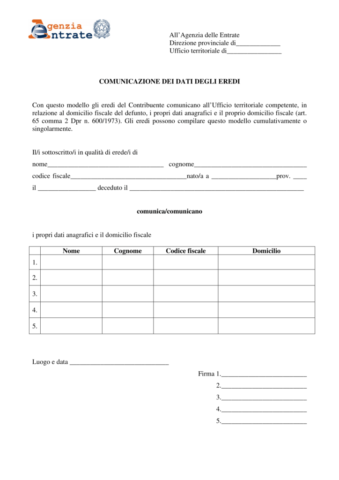 Comunicazioni dei dati degli eredi