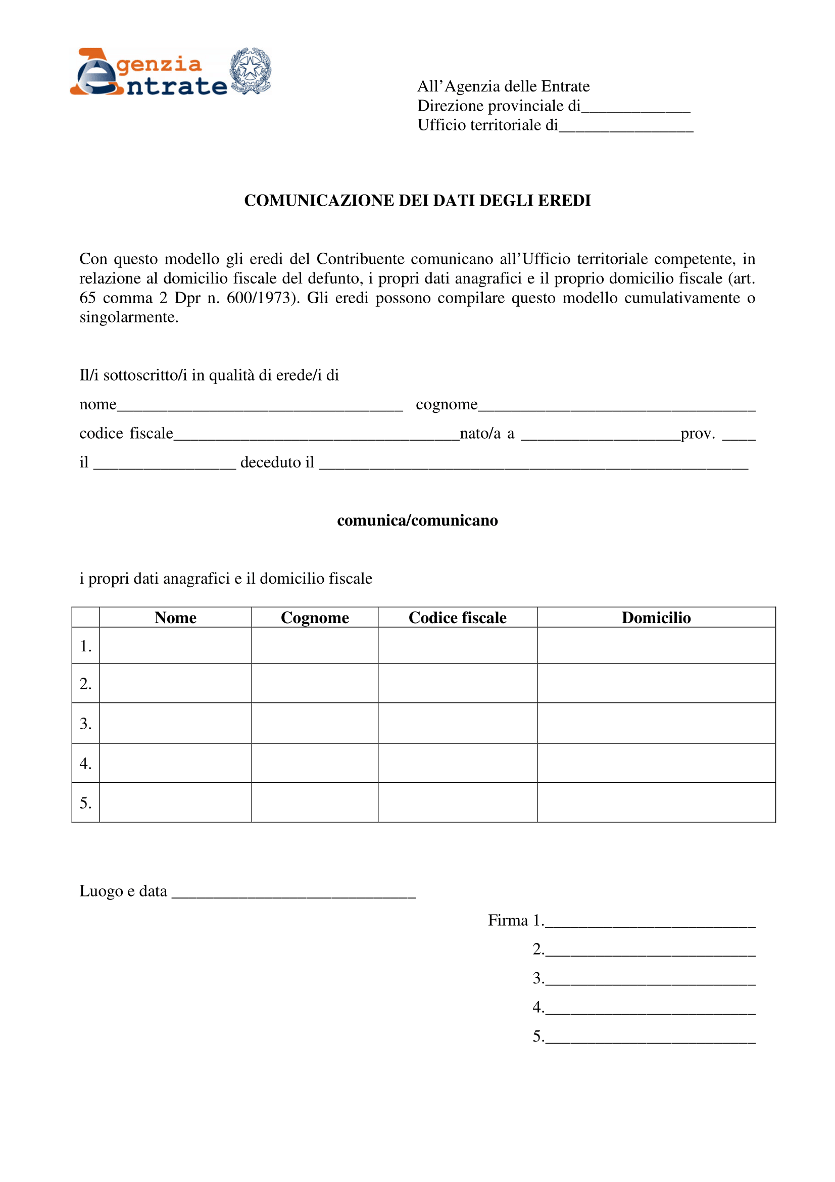 Comunicazioni dei dati degli eredi